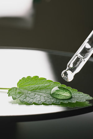 Pipette with gel cosmetic drop and green leaf in petri dish on black White background, hard shadows