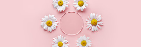 Empty glass slide and chamomile flowers on pink banner. Creative mockup for cosmetic beauty products