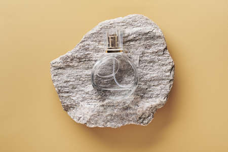 Perfume bottle mockup on beige background. Pebble podium and dry hydrangea flowers. Natural earthy...