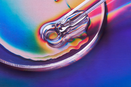 Pipette with sample of cosmetic product in petri dish on holographic background, iridescent...