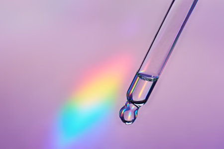 Pipette with cosmetic product on holographic background, iridescent highlights, selective focusの写真素材