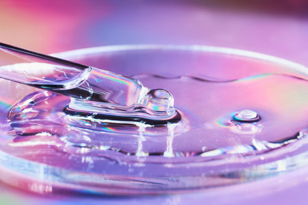 Pipette with sample of cosmetic product in petri dish on holographic background, iridescent...