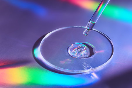 Pipette with sample of cosmetic product in petri dish on holographic background, iridescent highlights, selective focusの写真素材