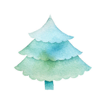 Watercolor cartoon christmas tree. Hand drawn illustration in blue green colors.の写真素材