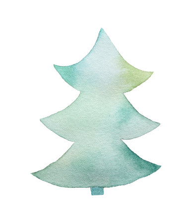 Watercolor cartoon christmas tree silhouette. Hand drawn illustration in blue green colors.の写真素材