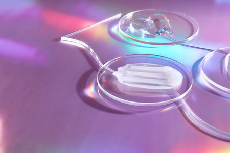 Smears of cream in petri dish on holographic background with iridescent highlights.の写真素材