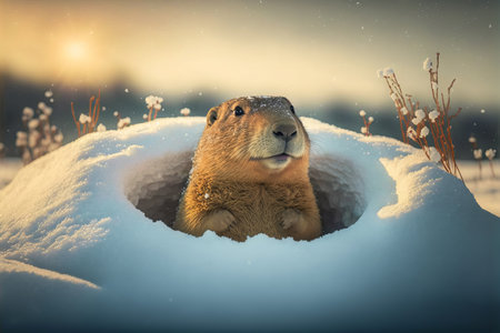 Happy Groundhog Day. Groundhog emerges from a snowy hole after hibernation. Generative AI illustration.の写真素材