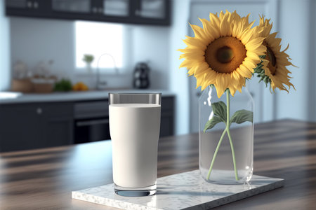 Dairy free sunflower seeds milk substitute drinks and vase with sunflower flowers on kitchen table. Generative AI illustration.の写真素材