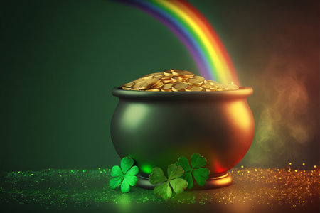 Pot of gold coins, clover leaves and rainbow. St. Patrick's day concept. Generative AI illustrationの写真素材