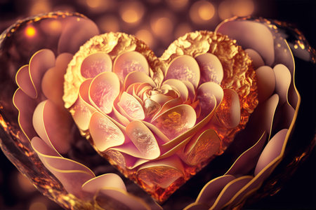 Floral glowing heart made from delicate flower rose. Valentines day, love, wedding greeting card. Generative AI illustrationの写真素材