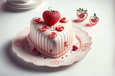 Heart cake for St. Valentines Day, Mothers Day or Birthday, decorated with roses. Valentine's Day with love. Generative AI illustration.の写真素材