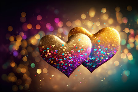 Two golden hearts with holographic bokeh background. Valentine day, love, wedding concept. Generative AI illustration.の写真素材