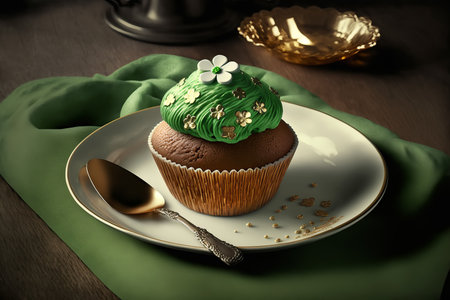 St Patrick's Day Cupcakes decorated with green cream. Generative AI illustrationの写真素材