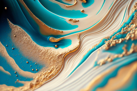 fluid art. Liquid Turquoise and white waves with metallic gold particles. Generative AI illustrationの写真素材