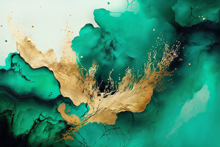 fluid art. Liquid jade green ink and gold metallic abstract drips and wave. Generative AI illustrationの写真素材