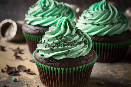 St Patrick's Day Cupcakes decorated with green cream. Generative AI illustrationの写真素材