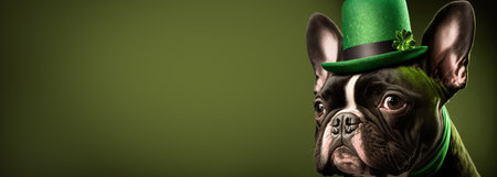 French bulldog in a green shiny hat on a festive bokeh banner. Saint Patrick's day party concept. Generative AI illustrationの写真素材
