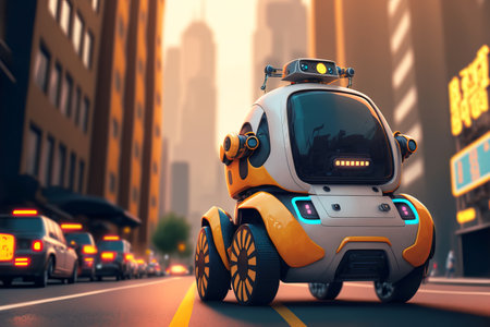 Small yellow robot taxi rides along big city street. Artificial intelligence controls the car. Generative AI illustrationの写真素材