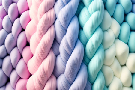 Delicate pastel yarn for knitting. Twisted thread abstract background. Generative AI illustrationの写真素材