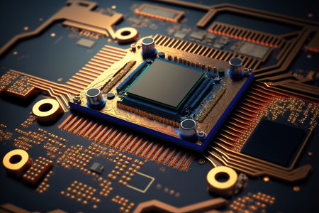 Motherboard with electronic circuits and CPU with glowing neon structures. Abstract cybernetic...