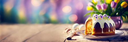 Festive Easter table setting on shining bokeh banner. Easter cake, Easter Eggs and spring flowers...