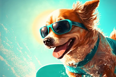 Funny dog in sunglasses rides a surfboard on the ocean waves. Summer vacation concept. Generative AI illustrationの写真素材