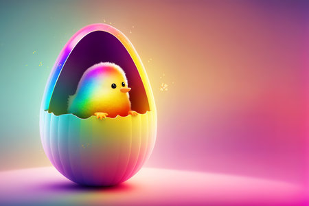 Rainbow chick inside iridescent egg. Creative Easter concept. Generative AI illustrationの写真素材