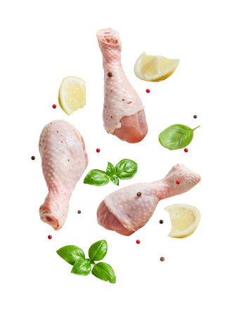 Raw flying chicken drumstick And spices cut out on a white backgroundの写真素材