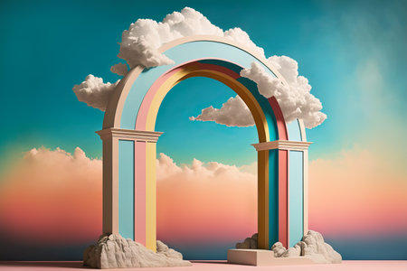 Arched portal podium on fantasy surreal landscape. Pastel gradient cloud sky. Generative AI illustrationの写真素材
