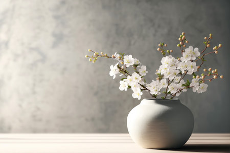 Blossoming cherry bouquet in a vase on a gray background. Generative AI illustrationの写真素材