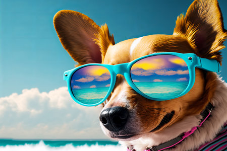 Portrait of chilling dog in trendy sunglasses on sandy shore of beautiful ocean. Summer vacation concept. Generative AI illustrationの写真素材