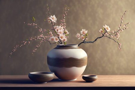 Blossoming cherry sakura bouquet in a vase on a gray background. Spring Japanese Still Life. Generative AI illustrationの写真素材
