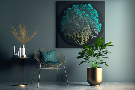 Stylish armchair in minimal contemporary living room interior with golden accessories. Generative AI...