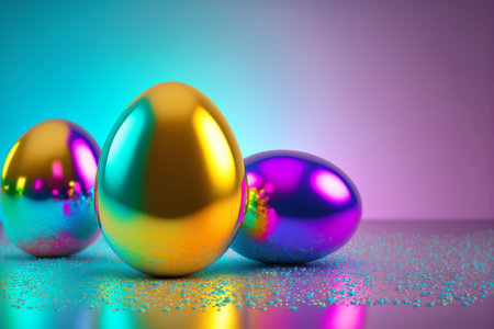Holographic metallic painted eggs on a gradient background. Easter minimal composition. Generative AI illustrationの写真素材