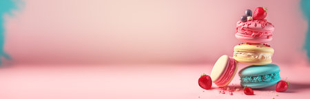 Different colorful macarons cookies decorated with berries on a pink banner. Generative AI illustrationの写真素材