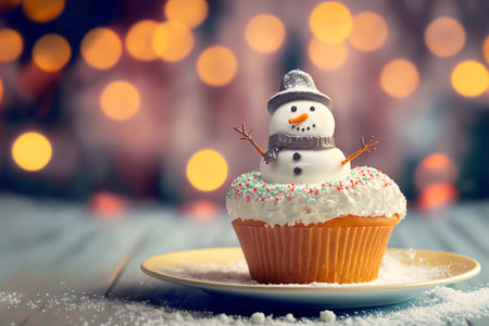 Creative cupcake snowman on the holiday table, copy space. Generative AI illustrationの写真素材
