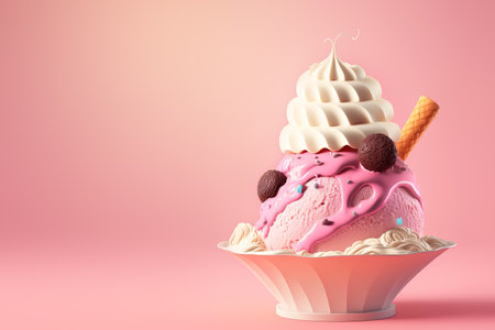 Pink dreamy Ice Cream close-up decorated with chocolate and waffle. Generative AI illustrationの写真素材