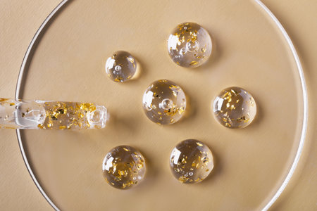Samples of gel cosmetic products with gold in a Petri dish on beige backgroundの写真素材