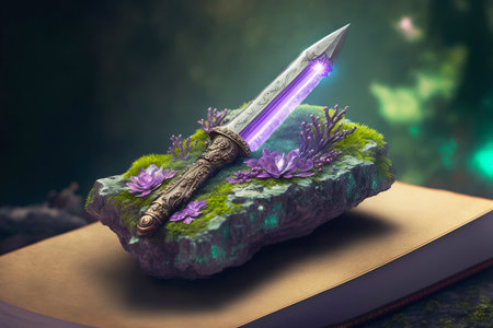 Ritual crystal amethyst dagger and magic book. Magic and sorcery. Generative AI illustrationの素材