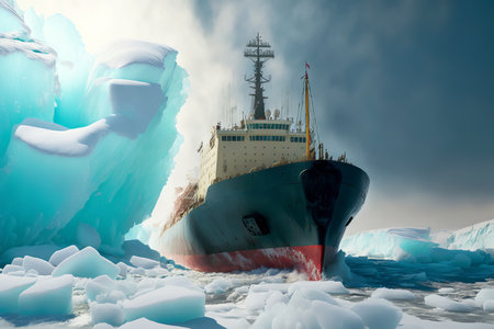 Icebreaker breaks ice hummocks and ice floes in the Arctic Ocean against of dramatic sky. Generative AI illustrationの素材