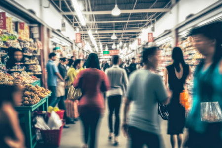 Crowded Street Food Market Blurred Background. Busy street shopping. Generative AI illustrationの素材