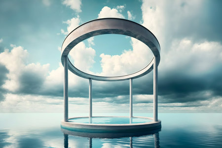 Rotunda podium on fantasy surreal water landscape, cloud sky. Generative AI illustrationの素材