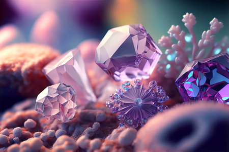 Amethyst druze crystal flowers. Magic fantastic gemstone flowers. Generative AI illustrationの素材