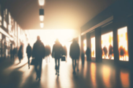 Blurred shopping mall background with silhouettes of hurrying people. Generative AI illustrationの素材