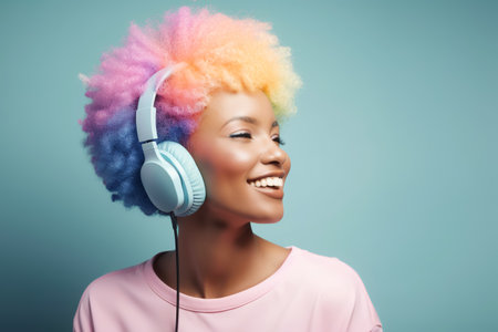 Carefree black woman with rainbow afro hair listens song in headphones. World music day concept. Generative AI illustrationの素材