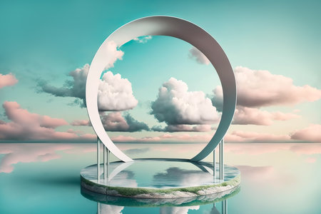 Arched portal podium on fantasy surreal water landscape. Pastel gradient cloud sky. Generative AI illustrationの素材
