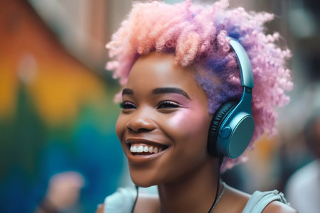 Dreaming black woman with light pink afro hair listens song in headphones. Generative AI illustrationの素材