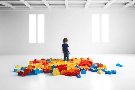 World Autism Awareness day. Faceless Child stands alone in white room among colorful puzzles. Generative AI illustrationの素材