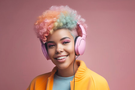 Carefree black woman with rainbow afro hair listens song in headphones. World music day concept. Generative AI illustrationの素材