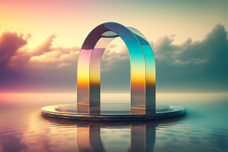 Arched metallic podium on fantasy surreal water landscape. Pastel gradient cloud sky. Generative AI illustrationの素材